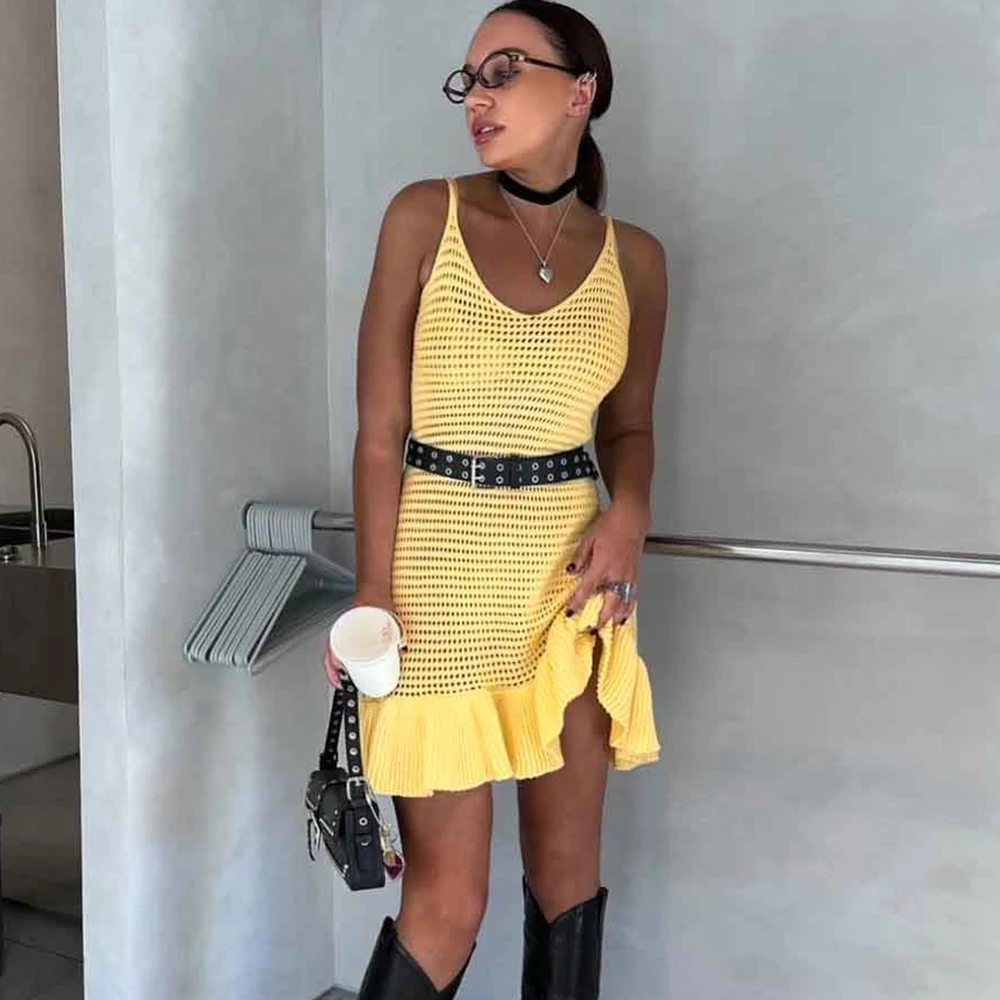 Tuularose Knit Ruffle Mini Dress Women's Summer Sexy Hollow Out Beach Holiday Sleeveless Halter Dress Solid Slim Short Dresses image 2