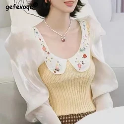 Women Clothing Vintage Embroidery Lace Patchwork Knitted Blouses Female Casual Sweet Chic Design Y2K Long Sleeve Slim Crop Tops