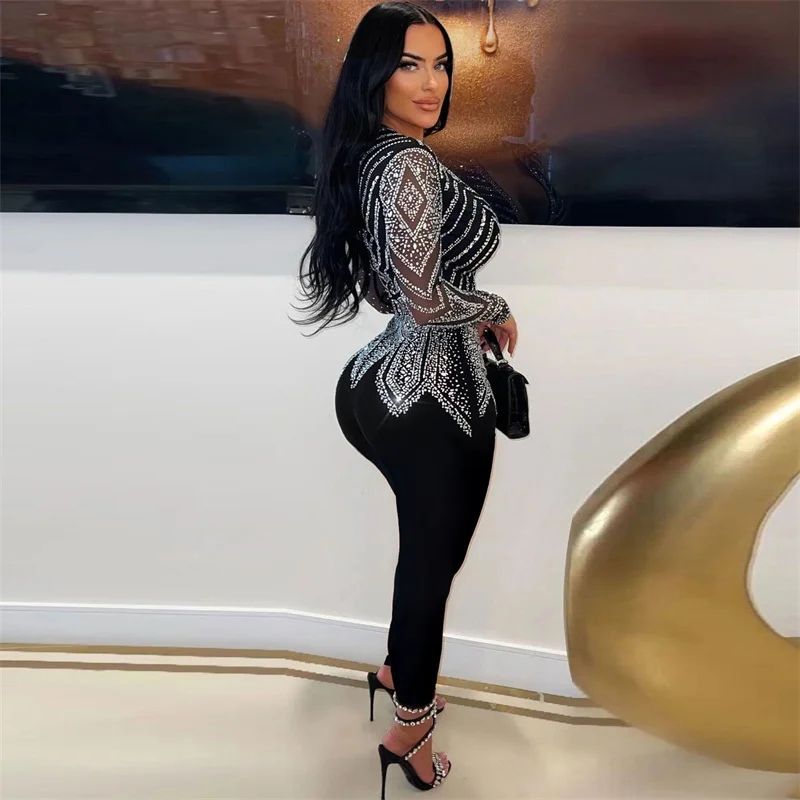 Sparkly Diamonds Rhinestone Jumpsuit Women Luxury 2024 Deep V-neck Mesh Long Sleeve Night Club Party Romper Birthday Outfits