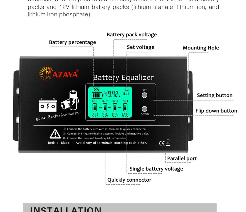 MAZAVA PLC-10 HX02 Battery Balancer 2S 4S 12V 24V 36V 48V 96A ctive LCD Lead Acid Li li-ion LiFePO4 Battery Equalizer Monitor