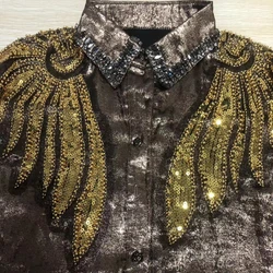 Blingbling Diamonds Sequines Stitch Shinny Blouses and Shirts For Women 2024 Spring New Fashion Long Sleeve Top Female Blusas