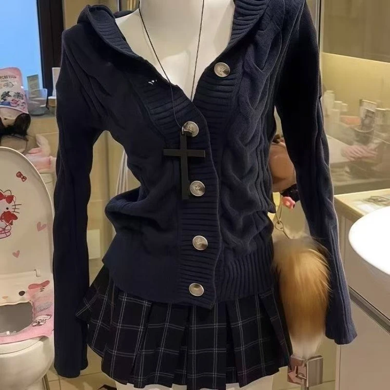 Y2K Subculture Black Fur Collar Knit Cardigan Women Vintage Batwing Sleeve Casual Sweater Jacket Fashion Stylish Cozy Outerwear