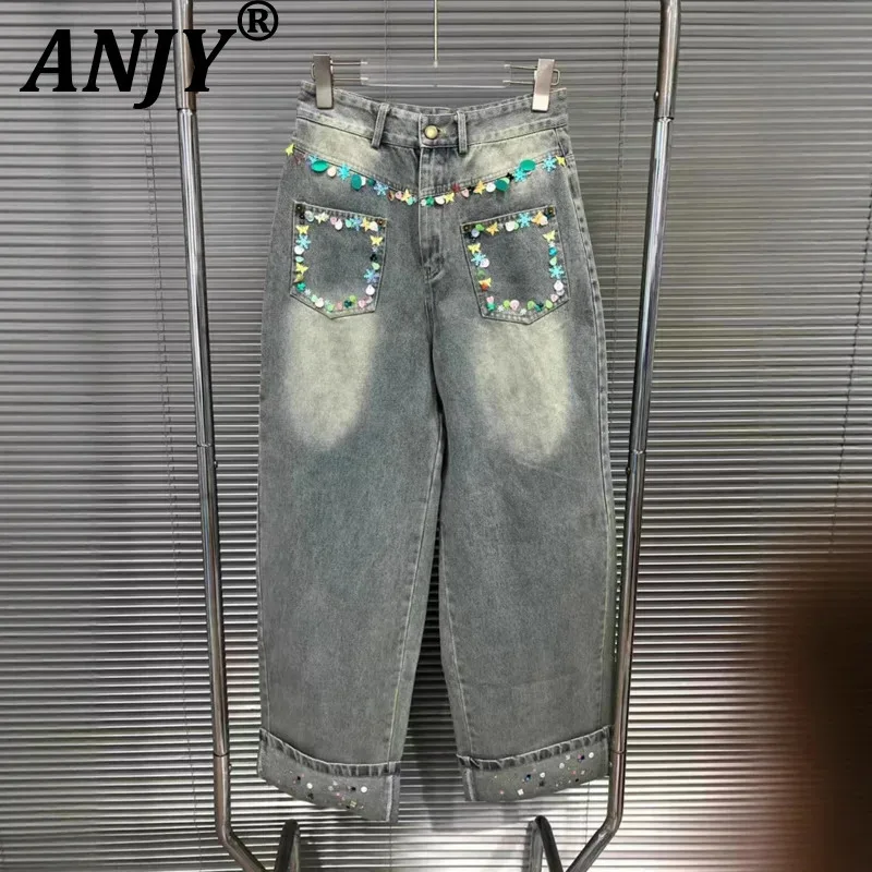 

ANJY Autumn New Women Stylish Y2K Jeans Distressed Denim Pockets Sequins Straight Slimming Streetwear Fashion Casual Pants A9360