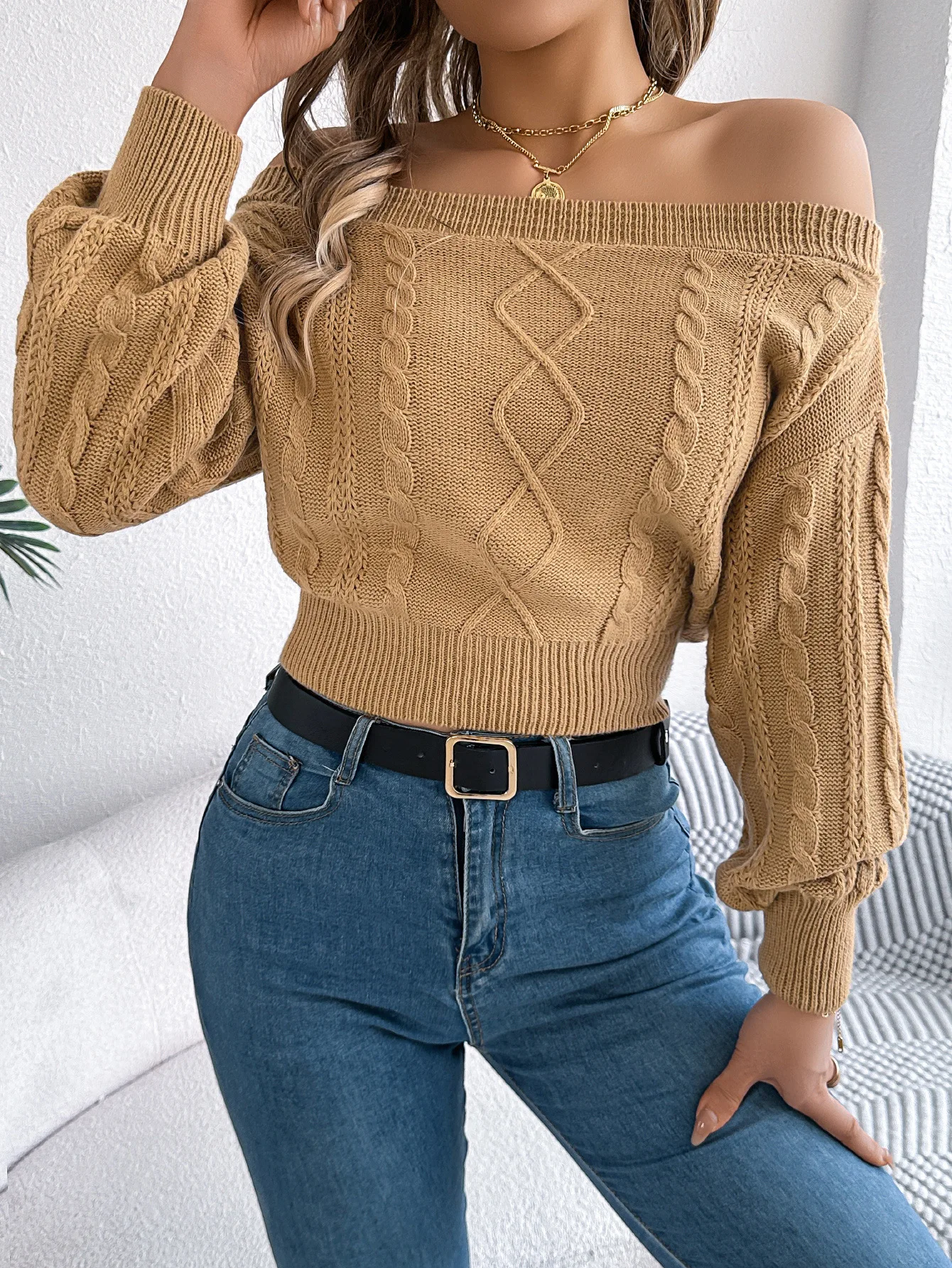 Suéter de cuello barco con hombros descubiertos de color sólido para mujer - Otoño Invierno Jersey de punto de manga larga Casual Chic Ropa de descanso para vacaciones