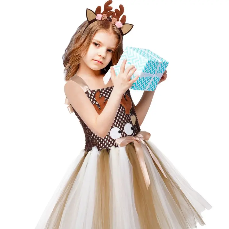 

Girls Deer Tutu Dress with Headband Christmas Xmas Party Kids Halloween Reindeer Cosplay Fancy Dress Cute Animal Kids Outfit