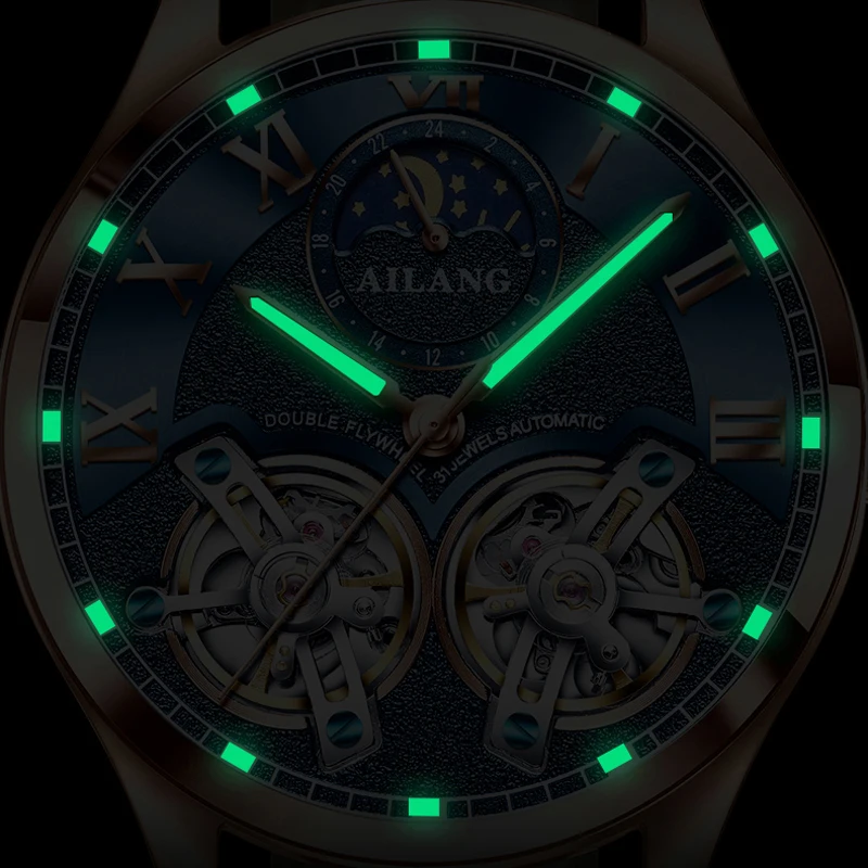 AILANG Double Tourbillon Design Business Men Mechanical Watch Fashion Leather Moon Phase Automatic Watches for Mens Reloj Hombre