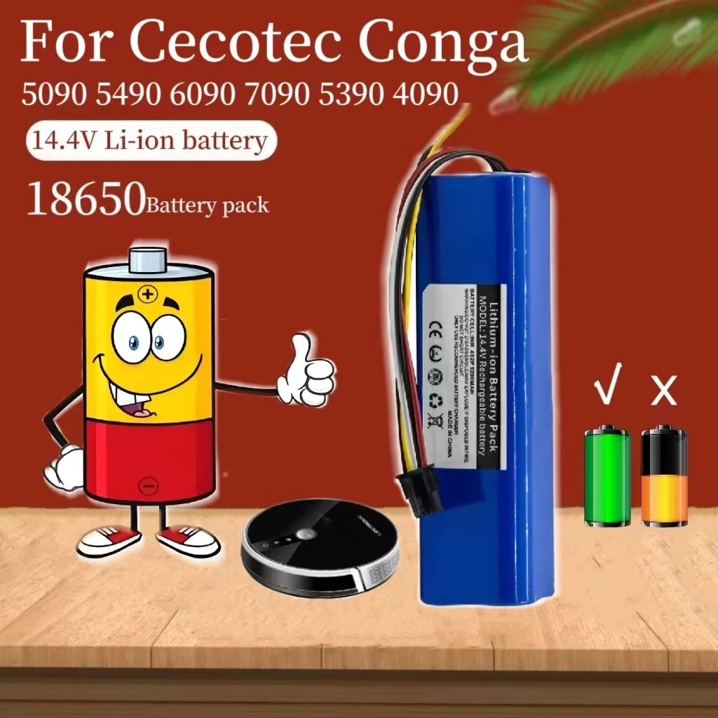 

18650 Lithium Battery 14.4V 5.2Ah 4S2P-300S Battery pack，for Cecotec Conga 5090 5490 6090 7090 5390 4090 Robotic Vacuum Cleaner