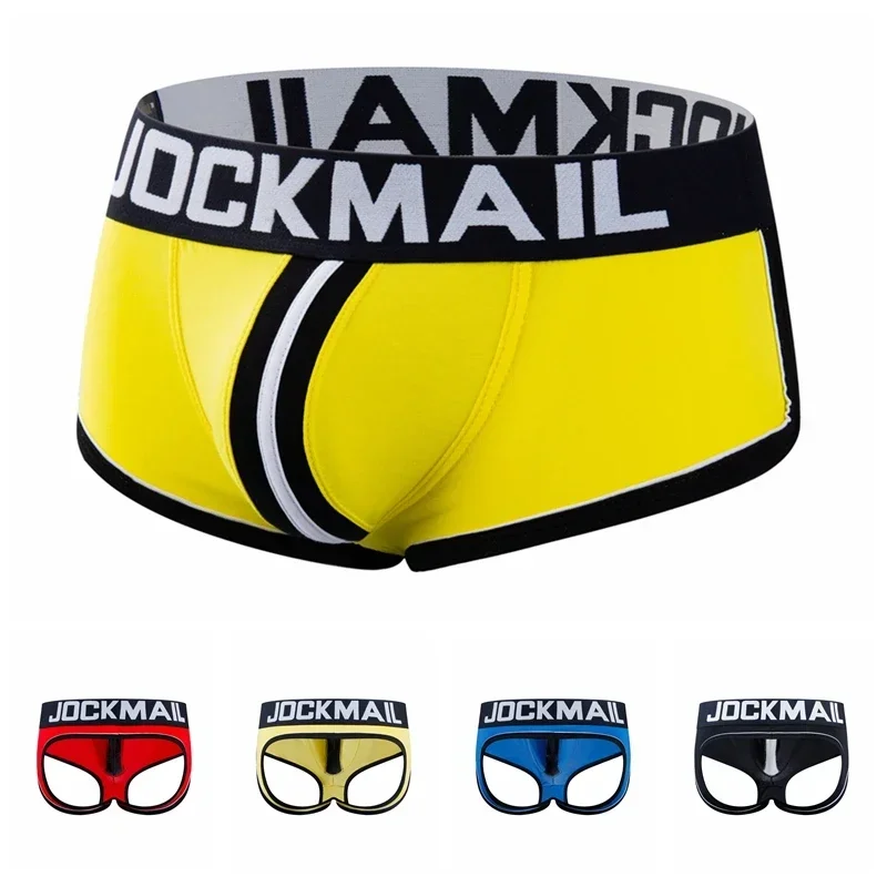 4PCS Jockmail Mens Underwear Cotton Boxers Gay Cueca Stripes Pieced Together Empty Space Ropa Interior Hombre Sexy Panties