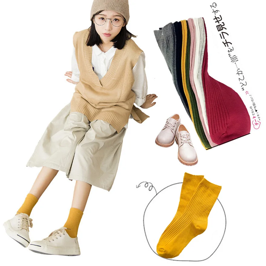 Women Brand Basic Socks Daily Socks  Solid Colors Comb Cotton Knitted Girls Casual Socks High Quality Spring Socks Calcetines