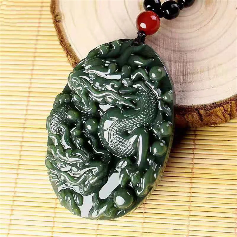 Charm Natural Dark Green HeTian Jade Carved Chinese Unique Dragon Lucky Jade Pendant Amulet Necklace for Man Vintage Jewelry