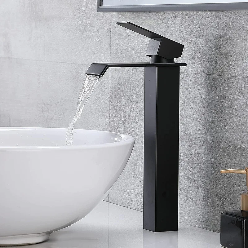 

Black Waterfall Faucet Heightened Wash Basin Faucet Bathroom Countertop Basin Hot And Cold Tap Bathroom Sink Faucet