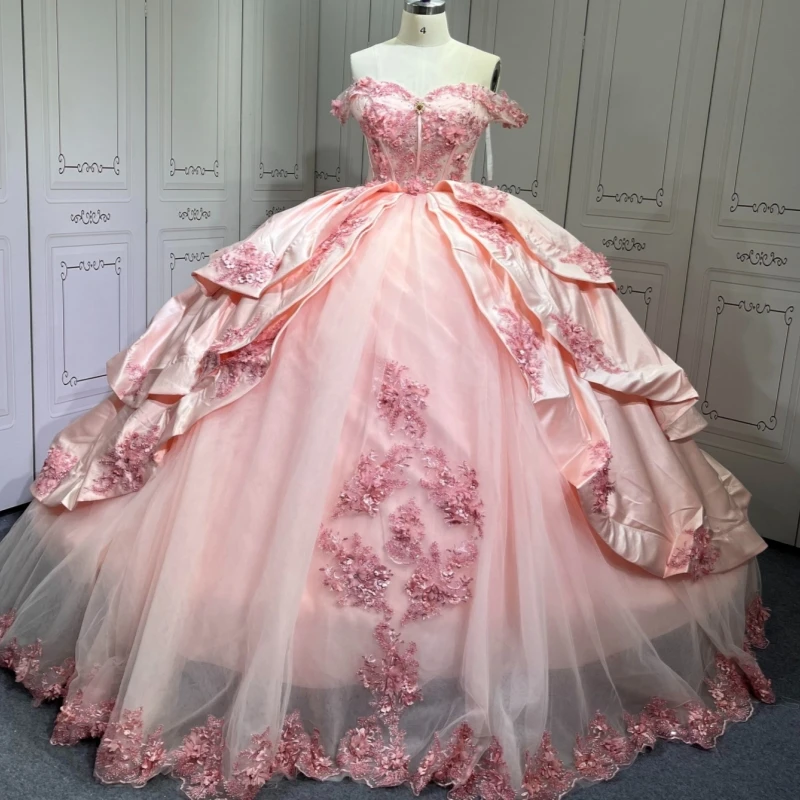 

Pink Shiny Quinceanera Dresses Off Shoulder Ball Gown Sweet 16 Dress Applique Flower Beads Birthday Party Vestidos 15 Anos