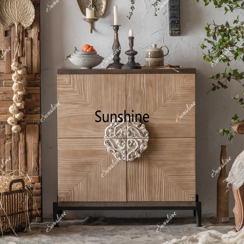French vintage solid wood entryway cabinet, homestay living room carved decorative side cabinetTJ