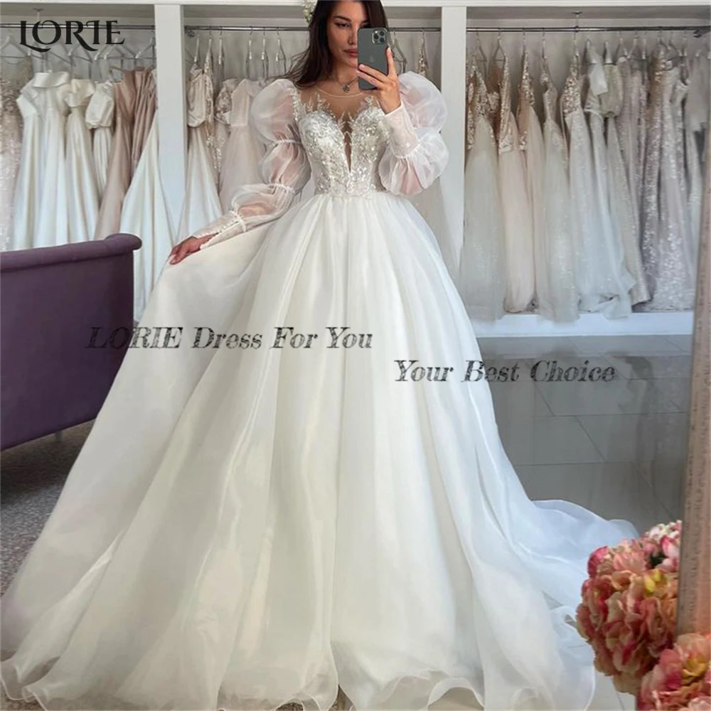 LORIE – robe de mariée en dentelle scintillante, col rond, ligne a, manches bouffantes brillantes, robe de mariée princesse, style bohémien