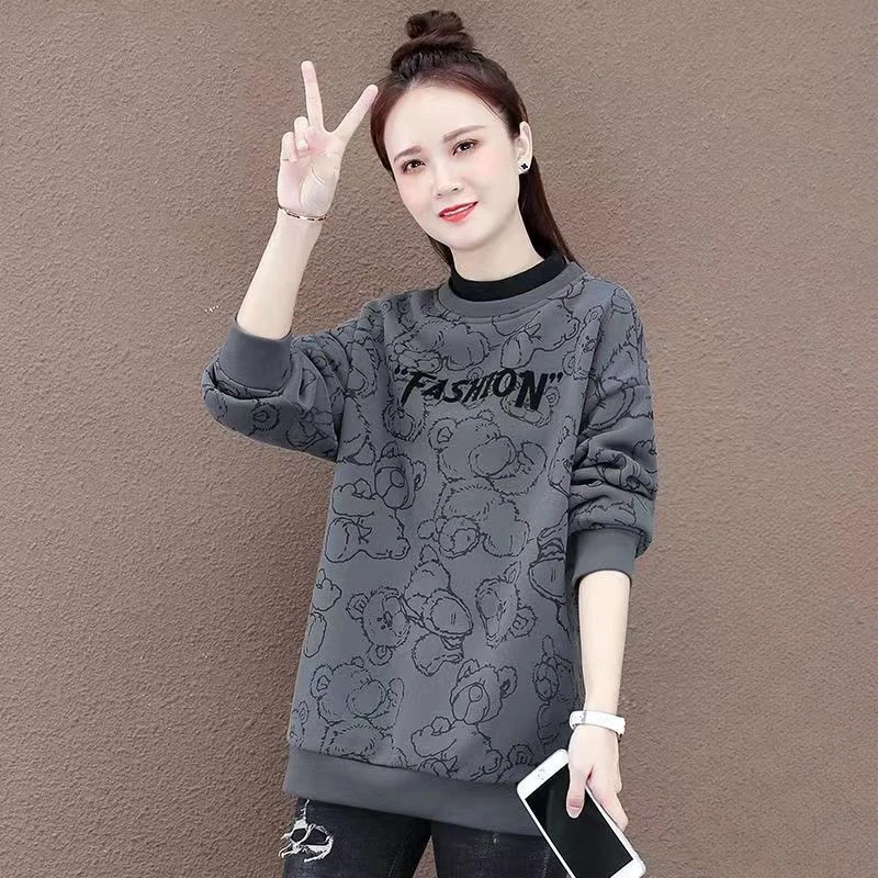 

Woman Tops Thick Baggy Cold Grey Loose Pullover Warm Printing Autumn and Winter Sweatshirt for Women Cotton Novelty Coat Basic E