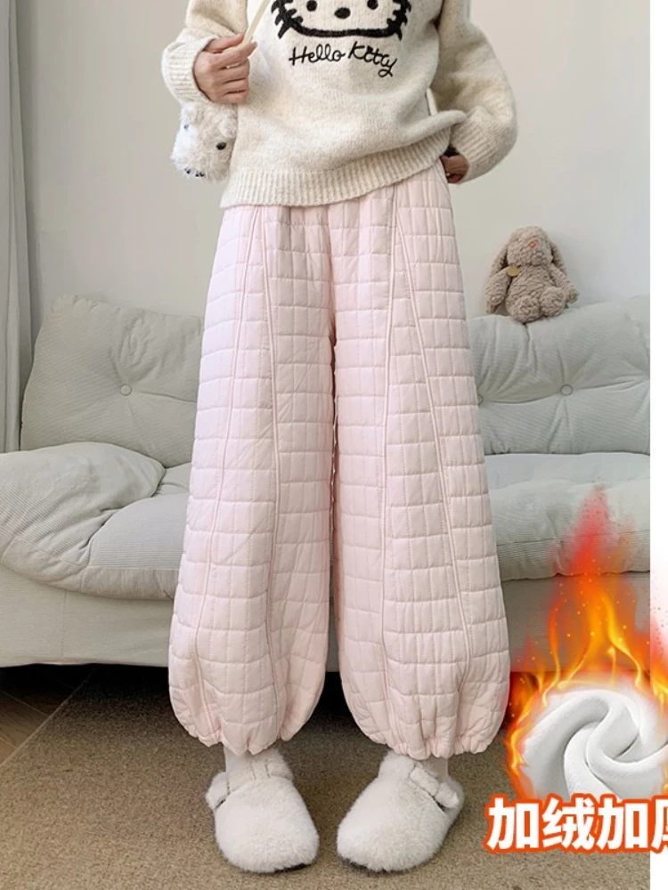 

Женские укороченные брюки из плотного хлопка с ромбовидной сеткой, зимние ветрозащитные и теплые повседневные брюки-фонарики с эластичным поясом