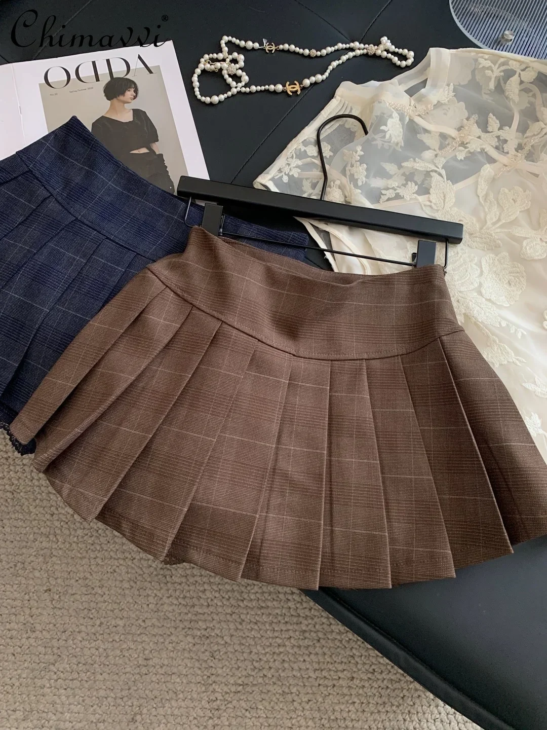 

Hot Girl Lace Splicing High Waist Hip-wrapped Plaid Skirt Pants Spring and Autumn New Fashion Unilateral Slit Pleated Skirt