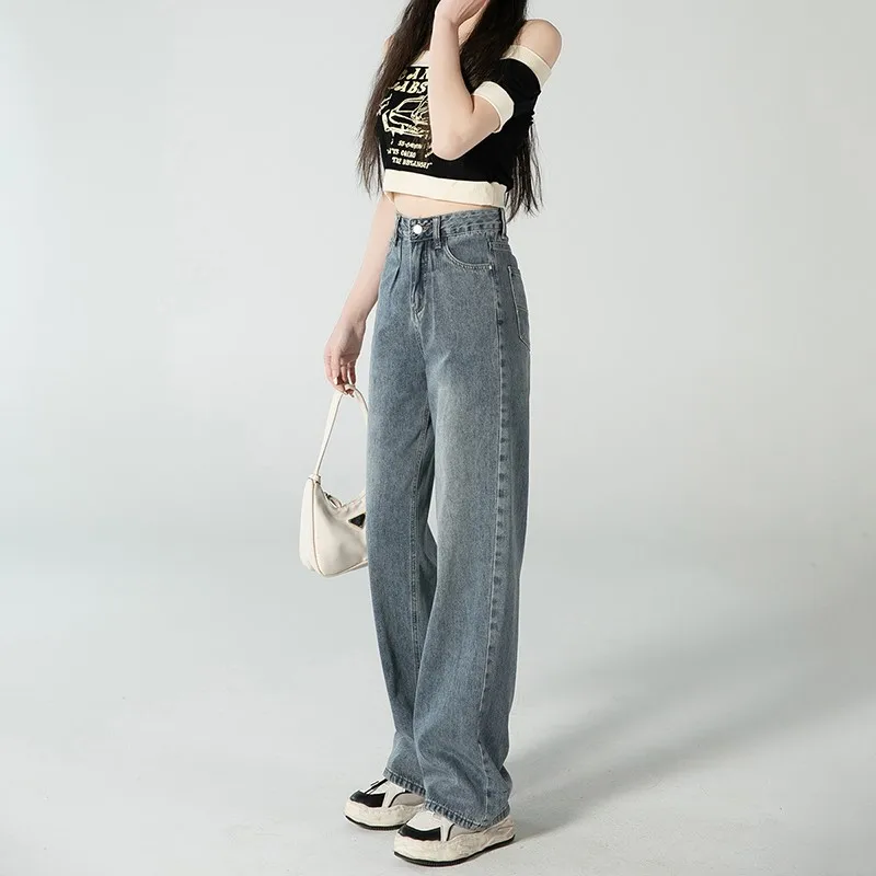

Retro Blue Straight Drop Soft Denim Jeans Women's Classic New High Waist Wide Leg Loose Floor Dragging Pants Extended