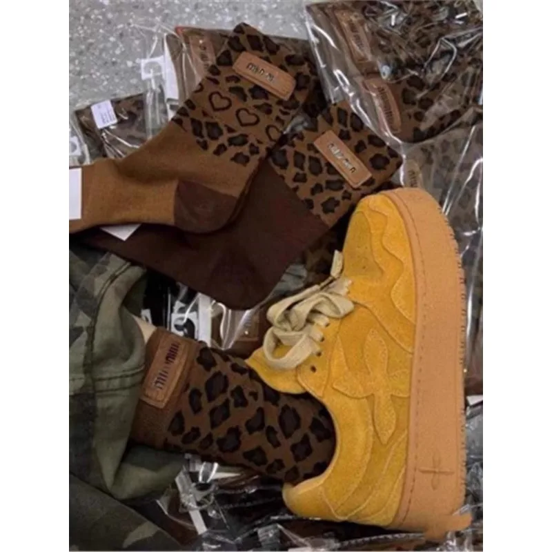 3 Pairs Socks Spring Autumn New Leopard Coffee Women's Medium Tube Maillard Love Korean Version Trendy Socks Lingerie Soft New