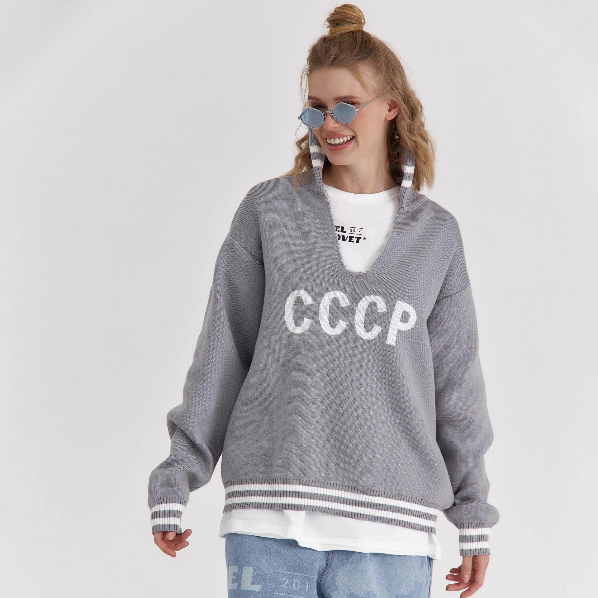 

New V-neck Sweater Women Contrast Letter Street Tops Loose Casual Pullovers Long-sleeved Knitted Women Sweater Winter Top