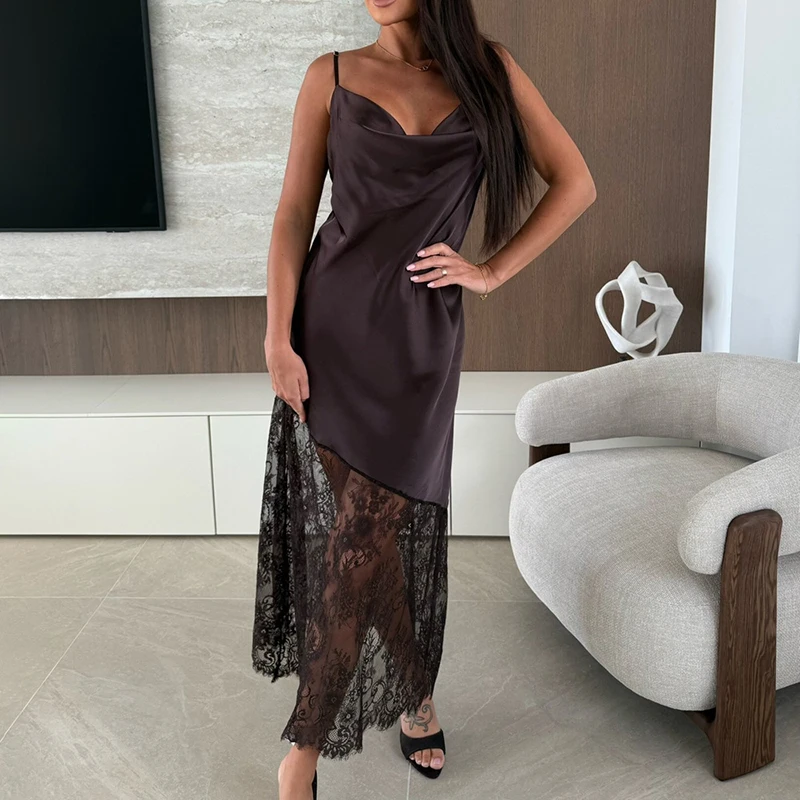 Tornova Sexy dentelle fronde longue robe pour les femmes col en V mode épissure robe de soirée 2025 nouveau Ins chaud femme robes élégantes