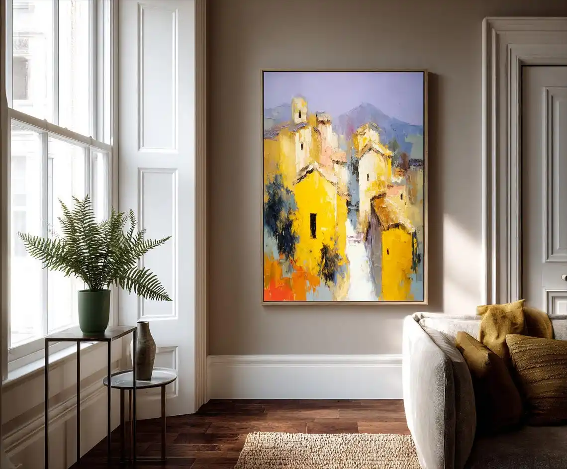 

Colorful Rustic Village Scene Premium Artwork Hand Painted Textured Painting Blue Ochre Modern Large Minimalist Wall Home Decor