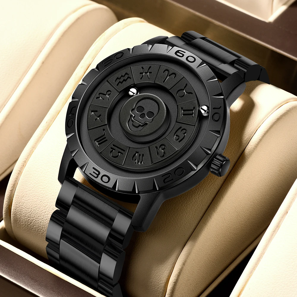 LIGE Man Watch FOXBOX Brand Creative Stainless Steel Band Scrolling Beads Quartz Watches for Men Magnetic Force Waterproof Clock