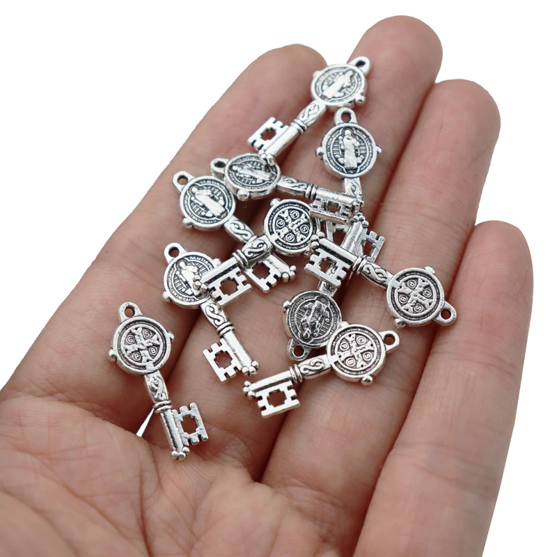 100PCS Gold/Silver Cross Crucifix Round Key Charms Pendants for DIY Jewelry Making Findings Accessories