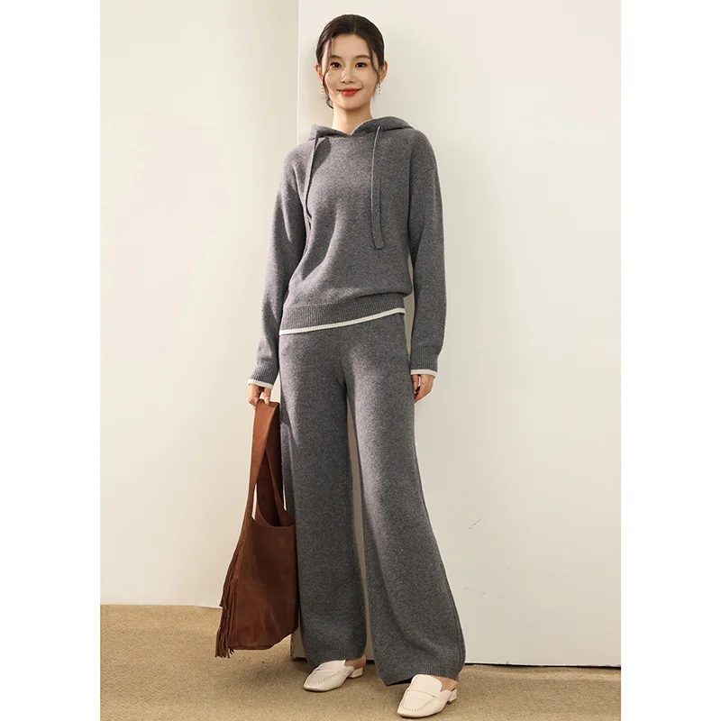 

Костюм из 100% мериносовой шерсти с капюшоном: женский вязаный пуловер и повседневные брюки с эластичным поясом, широкие штанины, комплект из 2 предметов