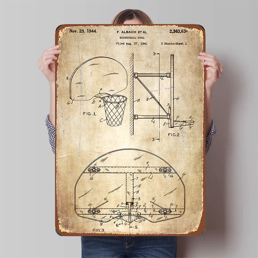Vintage Basketball Goal Patent Drawing Metal Wall Art 1944 Classic Sports Decor American Retro Home Decoration