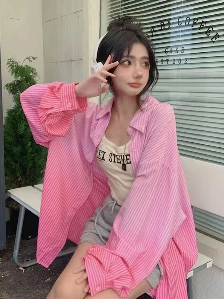 Gradientowa koszula w paski damska Oversize z długim rękawem słodka bluzka koreańska luźna na co dzień kobiece eleganckie topy w stylu vintage