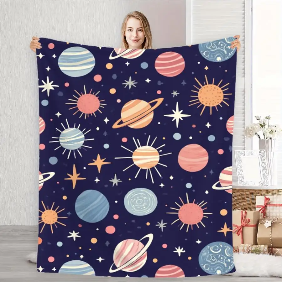 Cartoon Colorful Planets Stars Deep Space Repeat Flannel Throw Blanket, Solar System Outer Space Blanket for Room