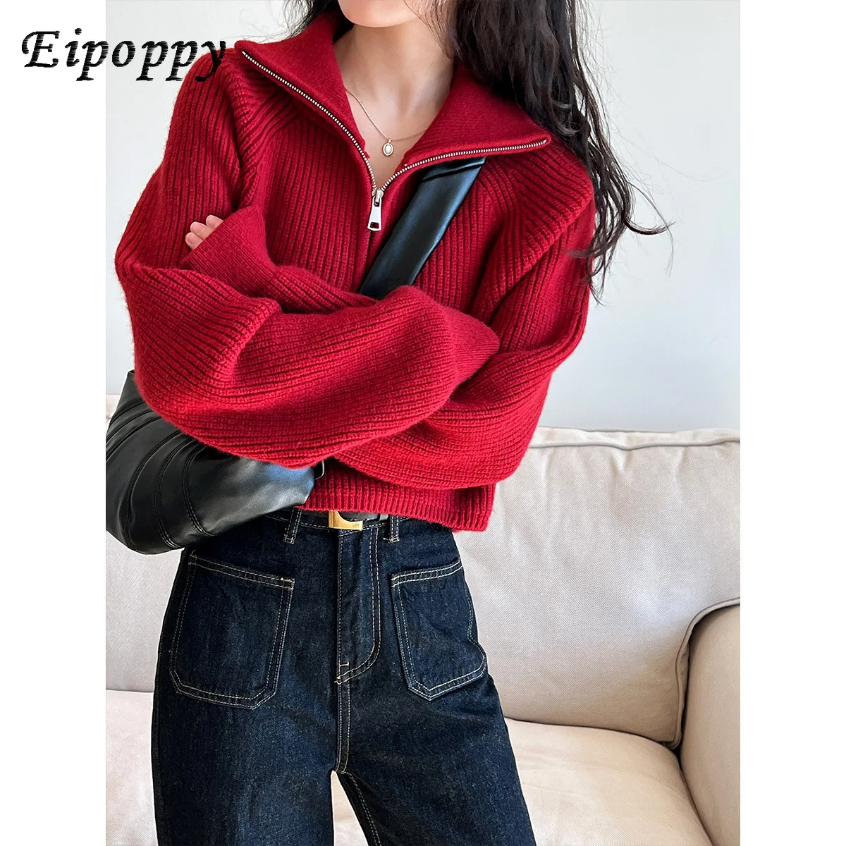 Half Zipper Sweater Short Sweet Cool Style Batwing Sleeve Christmas High Waist Sweater for Women