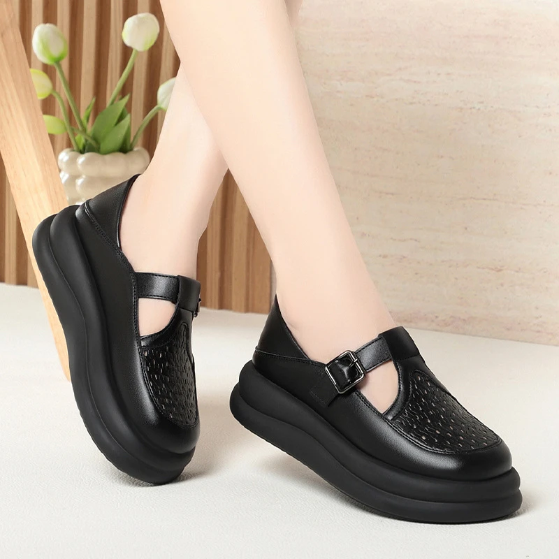Mary Jane Small Leather Shoes Summer Thick Sole Sponge Cake Soft Sole Loafers Women's Singles Shoes Hollow Sandals Casual