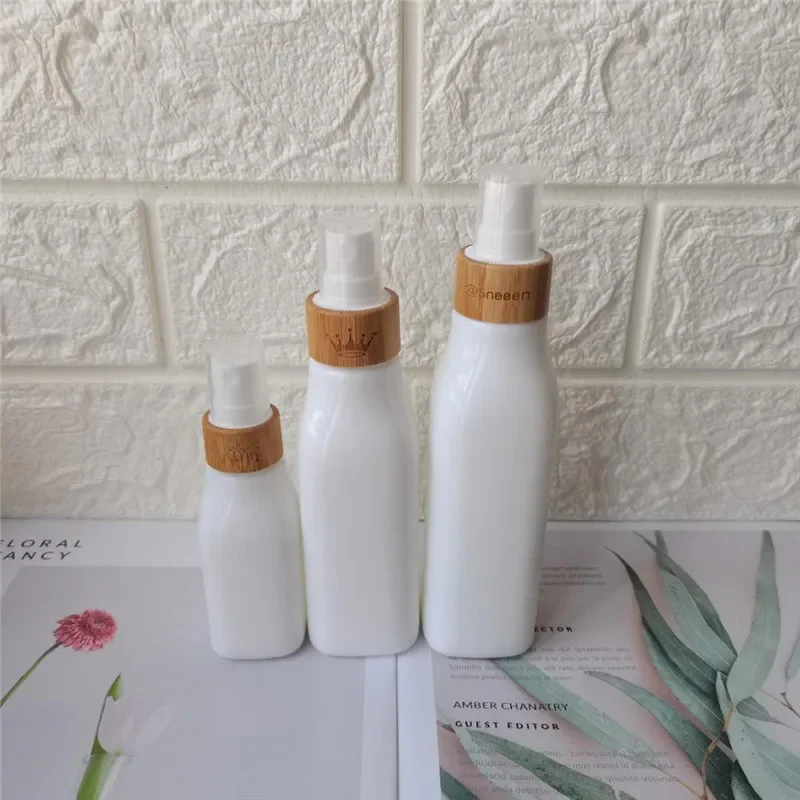 enviromental Bamboo Products Cosmetic Cap white  porcelain bottle containers Refillable Empty round beauty costemic Bottles