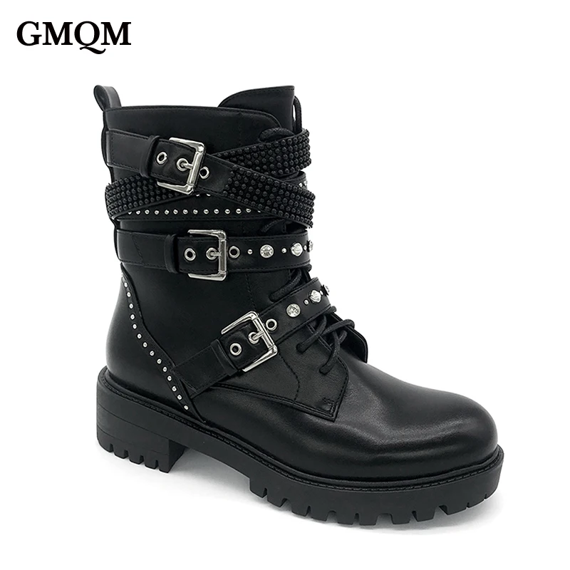 GMQM Fashion Women\'s Ankle Boots New 2024 Lace-Up Round Toe Shoes Punk Gothic Style Buckle Strap Rivet Motorcycle Shoes Black