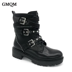 GMQM Fashion Women's Ankle Boots New 2024 Lace-Up Round Toe Shoes Punk Gothic Style Buckle Strap Rivet Motorcycle Shoes Black