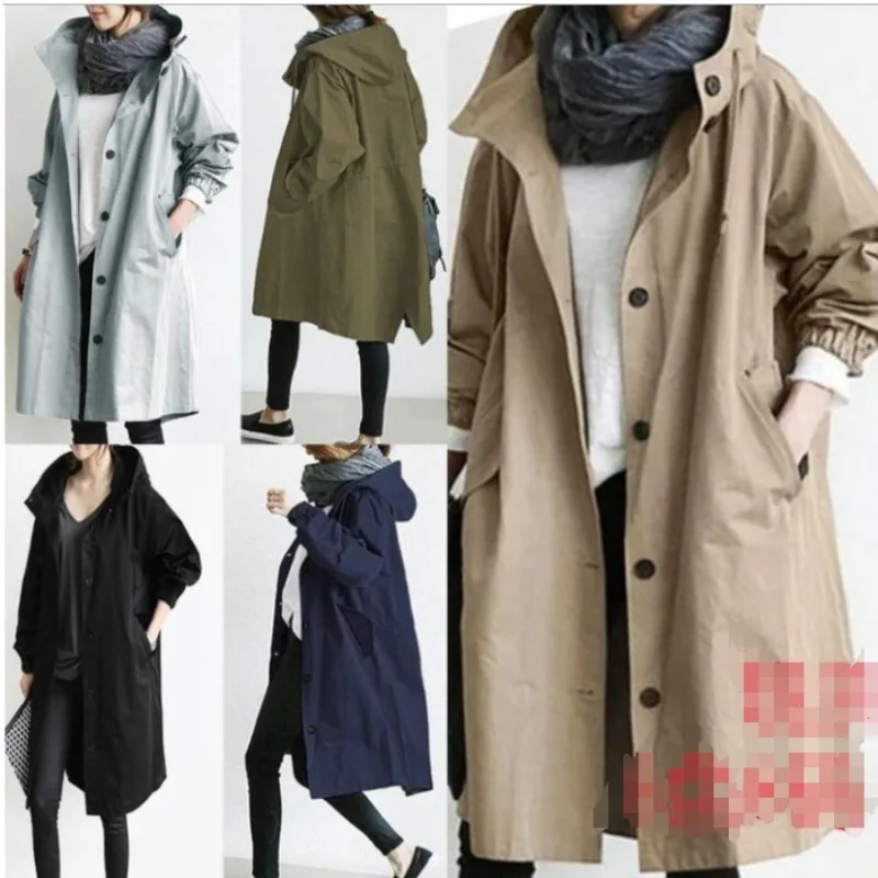 New Fashion Women's Long Trench Coat Spring Autumn Windproof Hooded Parker Overcoat Female Loose Casual Windbreaker Coat 4XL 5XL