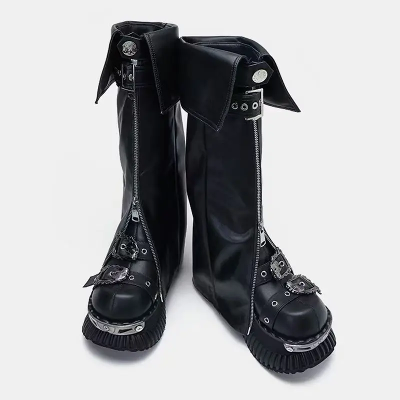 Gothic Punk Women Leg Warmers PU Leather Metal Buckle Zipper Y2K Motorcycle Style Boot Cuff Socks for Party Clubwear - view 4