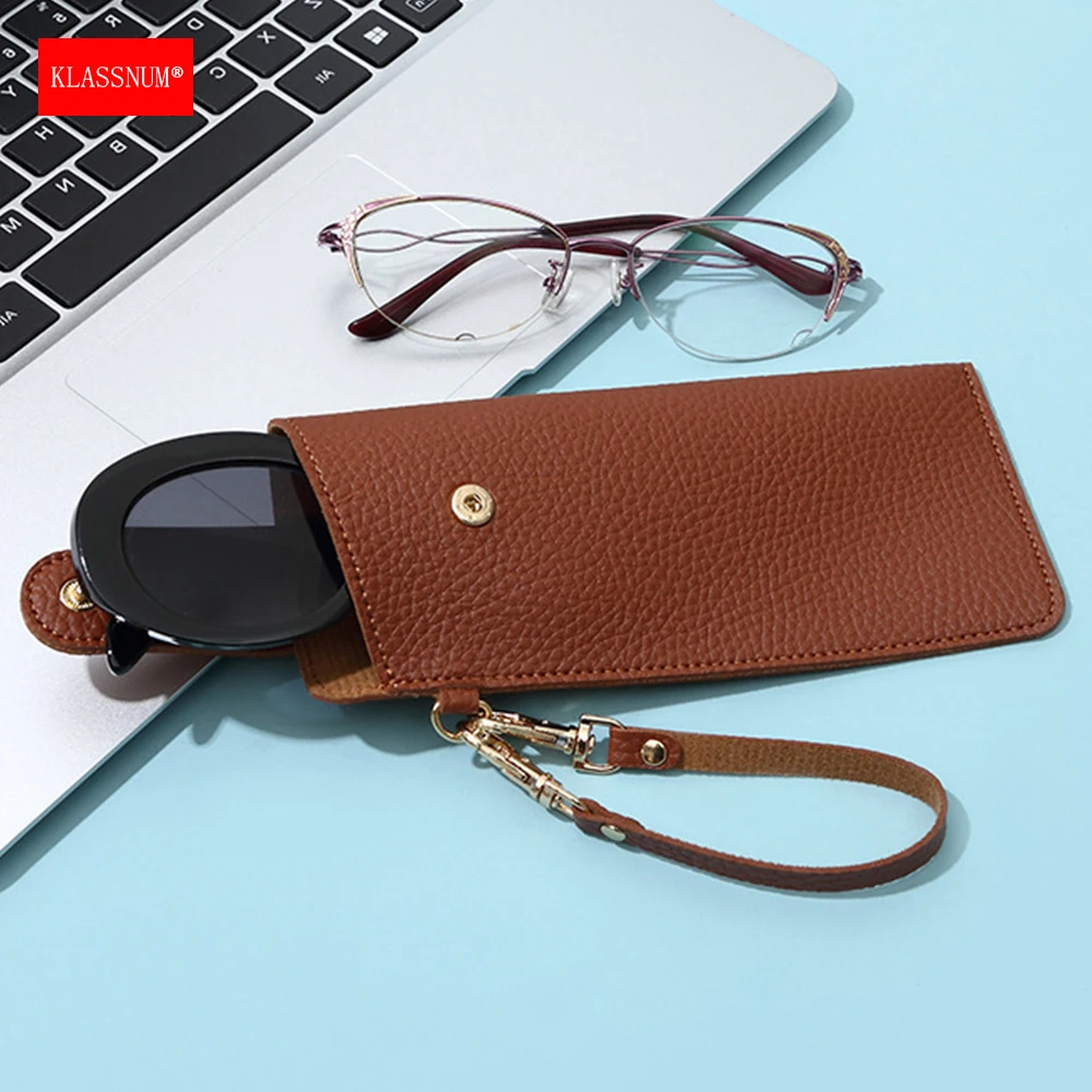 KLASSNUM Portable PU Leather Glasses Pouch with Detachable Clip Snap Closure Sunglasses Sleeve Cover Anti-lost Glasses Case