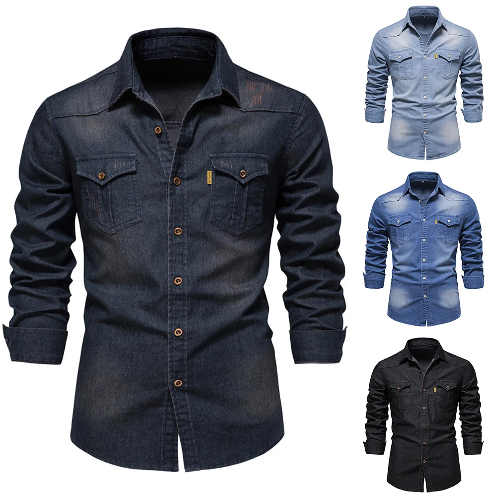 

Stretch Distressed Denim Shirt High Quality Men'S Long Sleeve Solid Color Pocket Shirt Spring Men'S Casual Slim Men'S Clothing