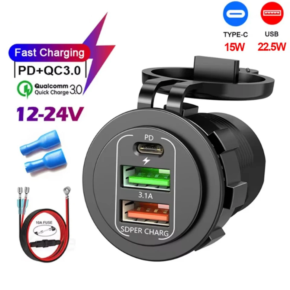 NEW 3/4 Ports Dual PD Dual QC 3.0 USB Car Charger with Voltmeter Socket Power Outlet Adapter Waterproof for 12V/24V Car Boat