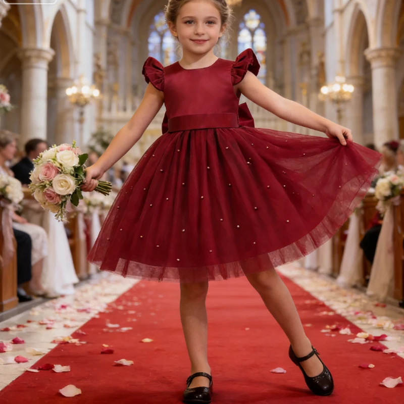 Wedding Dress For Girls	Formal Tulle Bridesmaid Girls Dress Vestido Princess Prom Kids Party Dresses For Girls Bow Birthday Gown