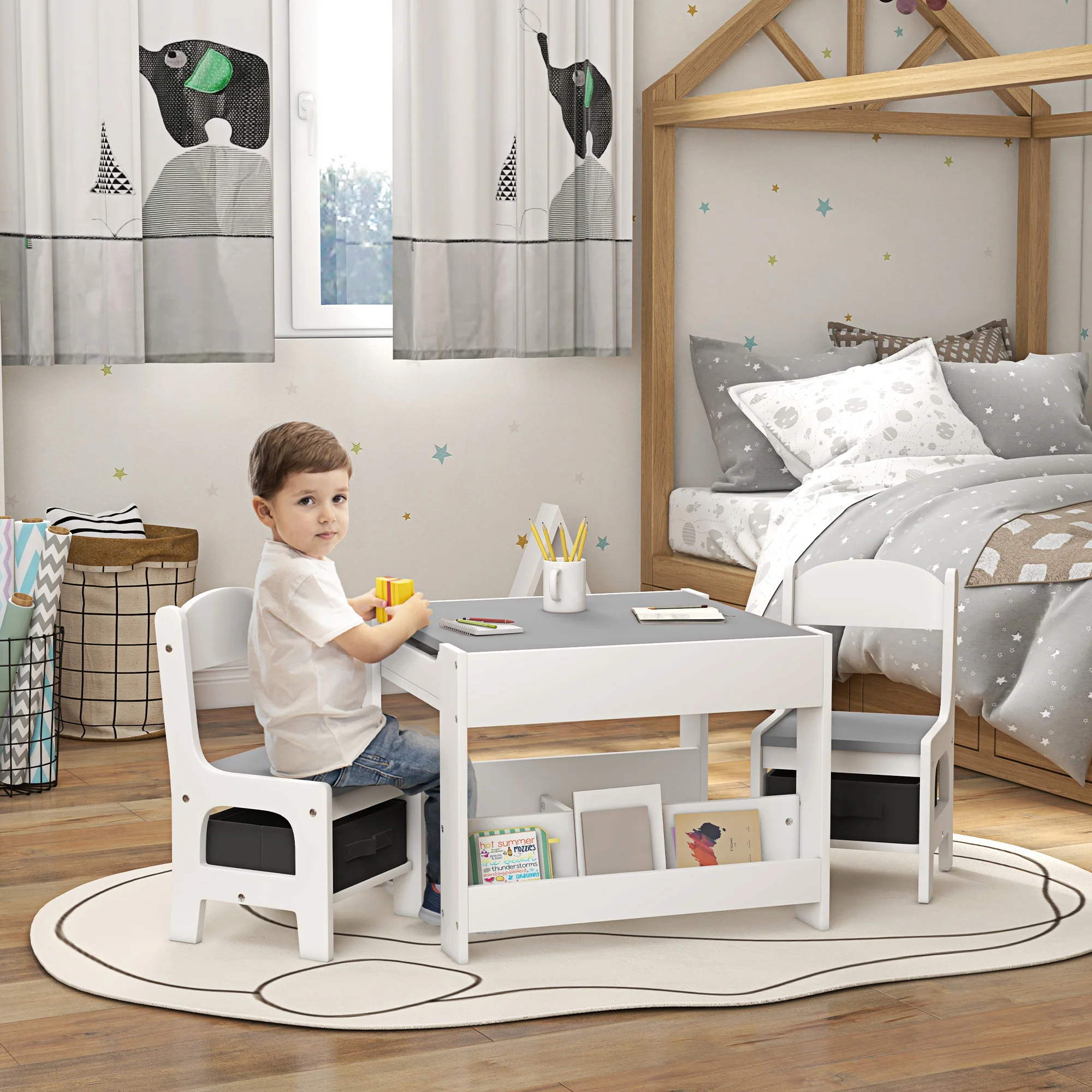 HOMCOM Juego de Mesa y 2 Sillas Infantiles 2 en 1 con Pizarra Gris