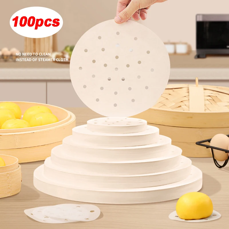 100 Sheets Bamboo Steamer Papers Disposable Non-Stick Steamer Mat Oil Paper Air Fryer Accessories Kitchen Bakeware Cooking Tools