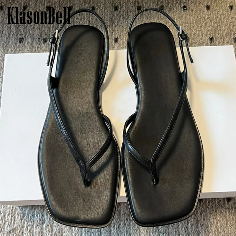 

3.29 KlasonBell Real Leather Flip Flops Sandals For Women Fashion All-matches Buckle Strap Square Toe Flat Sole Sandals