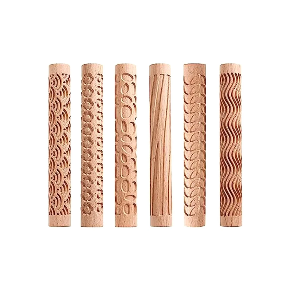 Set of 6 Wood Clay Modeling Pattern Rollers Kit, Clay Rolling Pin Textured Hand Roller Wooden Handle Pottery Tools Set