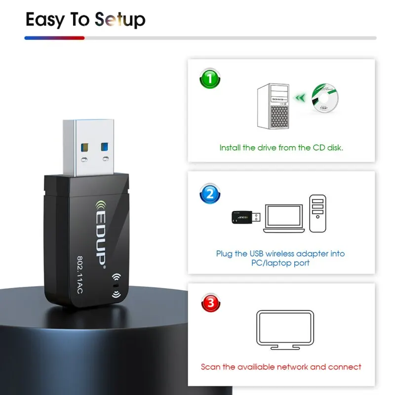 EDUP 1300Mbps Wifi Adapter USB3.0 WiFi Wireless Network WiFi Card Mini Portable 5G&2.4G WiFi USB Ethernet for PC Laptop Desktop