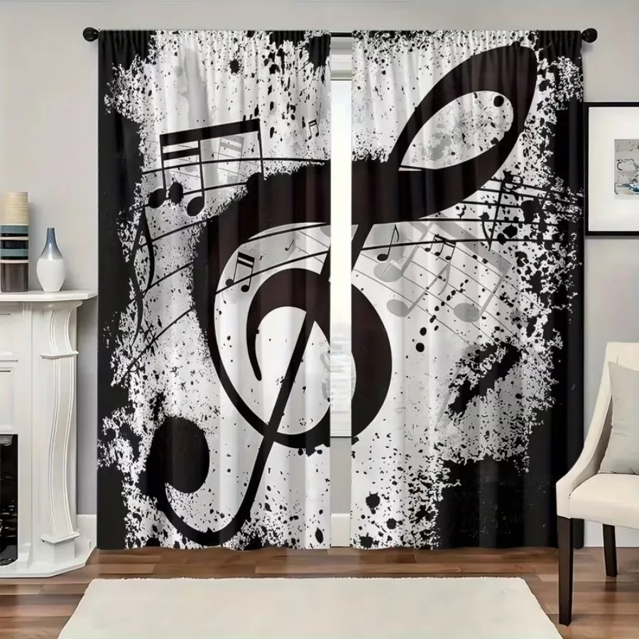 2 PCS Black Music Note Curtains, Musical Art Style Window Drapes for Living Room Bedroom Home Decor Polyester Rod Pocket