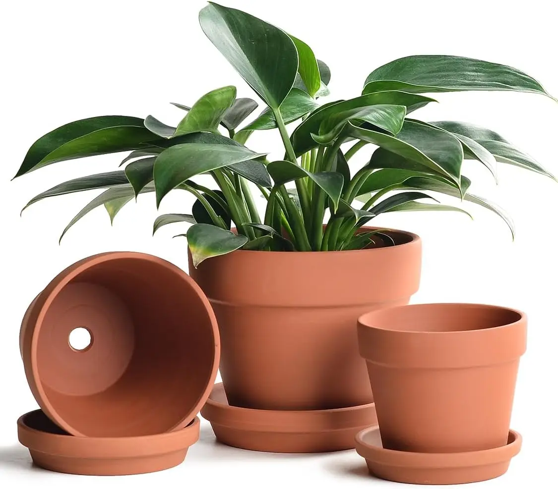 Terracotta Pots Set with Saucer - 5/6/7 inch Ceramic Clay Planters with Drainage Hole, for Indoor Outdoor Plants, Set of 3